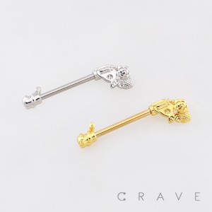 HALLOWEEN REVOLVER PISTOL ROSE HANDLE 316L SURGICAL STEEL NIPPLE RING